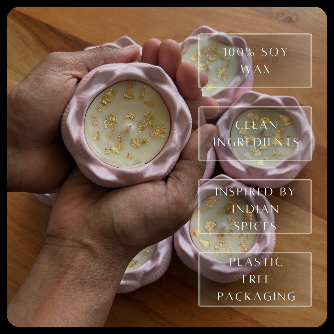 Pink Lotus Candle, 100% Soy Wax, Clean Ingredients, Inspired by Indian Spices, Plastic Free Packaging