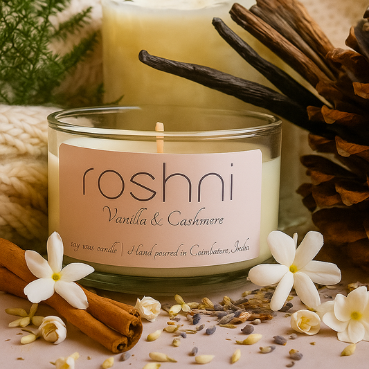Vanilla and Cashmere Soy Candles, Close up Image, Mini Glass Jar - 105 gm